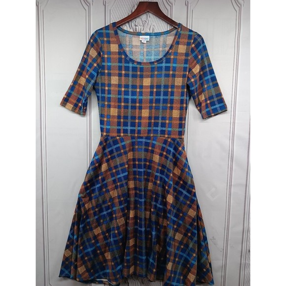 LuLaRoe Dress Women's SZ M Fit & Flare Blue/Bronze Plaid Half Sleeves Pockets EC - Picture 1 of 15
